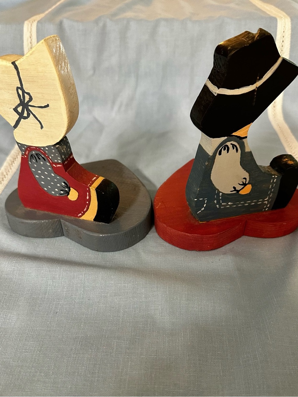 Vintage Hand-Painted Amish Boy & Girl Wooden Bookend Figurines cottage core
